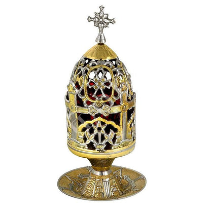 Christian Brass Table Oil Vigil Lamp with Cross, Hand-painted Prayer Standing Oil Lamp, Orthodox Oil Candle with glass cup, religious decor - TheHolyArt