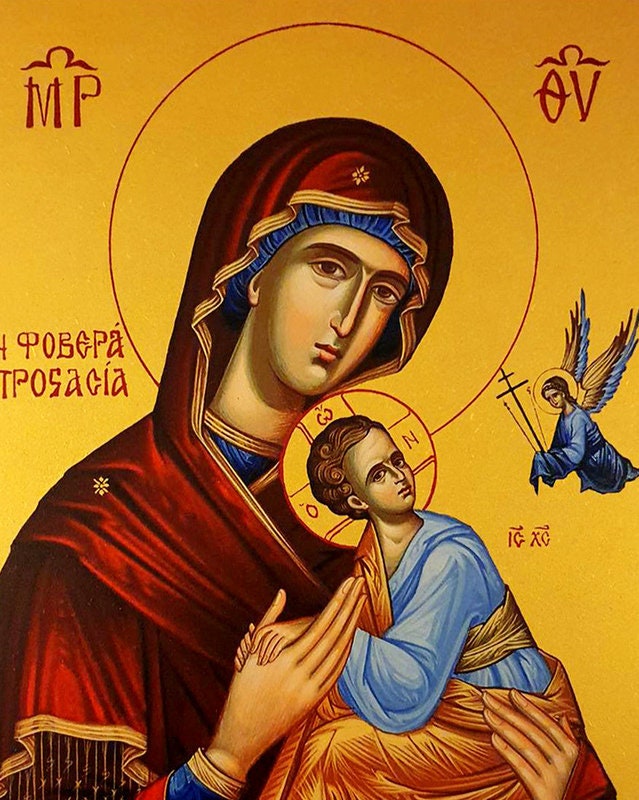 Virgin Mary icon Panagia Fovera Prostasia, Handmade Greek Orthodox Icon, Mother of God Byzantine art, Theotokos wall hanging wood plaque TheHolyArt