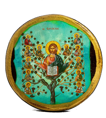 Jesus Christ icon with Apostles, Ampelos True Vine handmade Greek Orthodox icon, Byzantine art wall hanging on wood plaque, religious decor - TheHolyArt