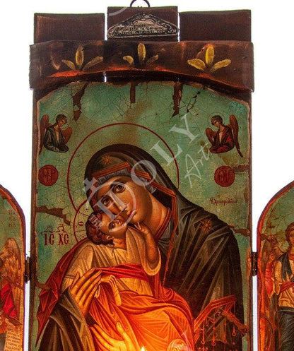 Christian Iconostasis Virgin Mary Glykophilousa Archangel Michael Archangel Gabriel icon Handmade Canvas Mt Athos wooden Altar Orthodox Icon - TheHolyArt