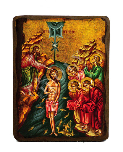 The Baptism of Jesus Christ icon, Jesus Christ Baptized handmade Greek Orthodox Icon, Byzantine art wall hanging wood plaque, religious gift - TheHolyArt