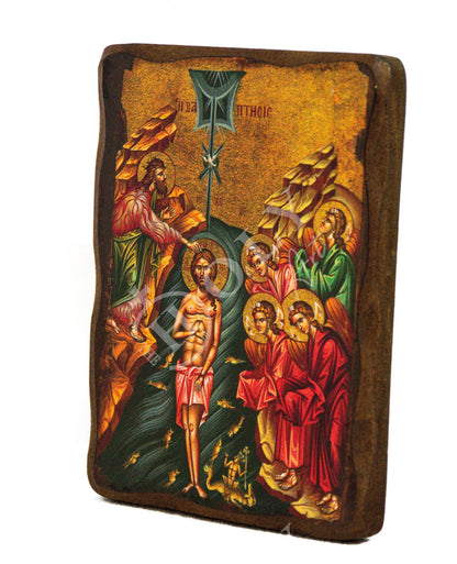 The Baptism of Jesus Christ icon, Jesus Christ Baptized handmade Greek Orthodox Icon, Byzantine art wall hanging wood plaque, religious gift - TheHolyArt