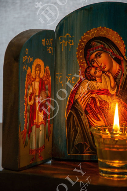 Christian Iconostasis with Virgin Mary Archangel Michael Archangel Gabriel icon, Handmade Mount Athos wooden Altar Orthodox Icon - TheHolyArt