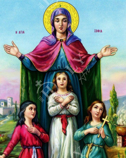 Saint Sophia icon, Orthodox icon St Sofia the Martyr, Greek Handmade Byzantine art wall hanging of Hagia Sophia wood plaque, religious decor - TheHolyArt