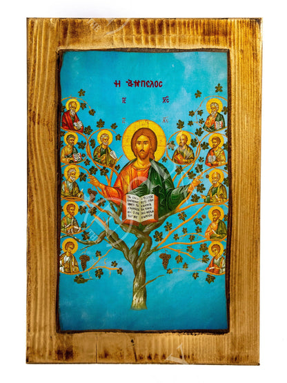 Jesus Christ icon with Apostles, Ampelos True Vine handmade Greek Orthodox icon, Byzantine art wall hanging on wood plaque, religious decor - TheHolyArt