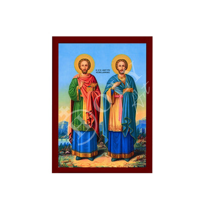 Saint Cosmas and Damian icon Handmade Greek Orthodox Icon Agioi Anargyroi Byzantine art wall hanging plaque Patron Saints of Medicine gift(1) - TheHolyArt