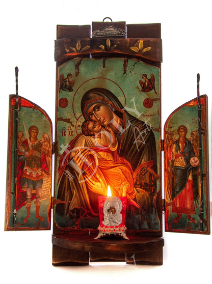 Christian Iconostasis Virgin Mary Glykophilousa Archangel Michael Archangel Gabriel icon Handmade Canvas Mt Athos wooden Altar Orthodox Icon - TheHolyArt