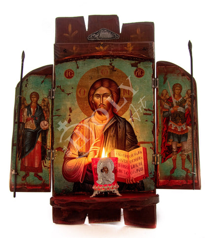 Christian Iconostasis Jesus Christ Archangel Michael Archangel Gabriel icon, Handmade Canvas Mt Athos wooden Altar Orthodox Icon - TheHolyArt
