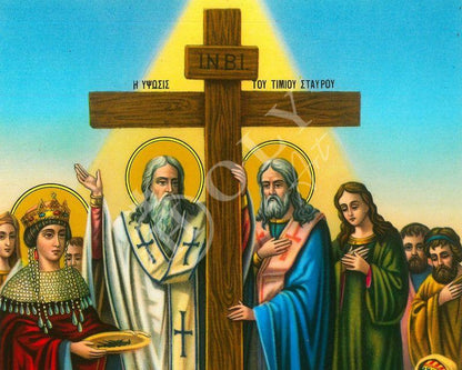 The Elevation of the Holy Cross icon, Handmade Greek Orthodox icon Exaltation of Holy Cross Byzantine art wall hanging on wood plaque - TheHolyArt
