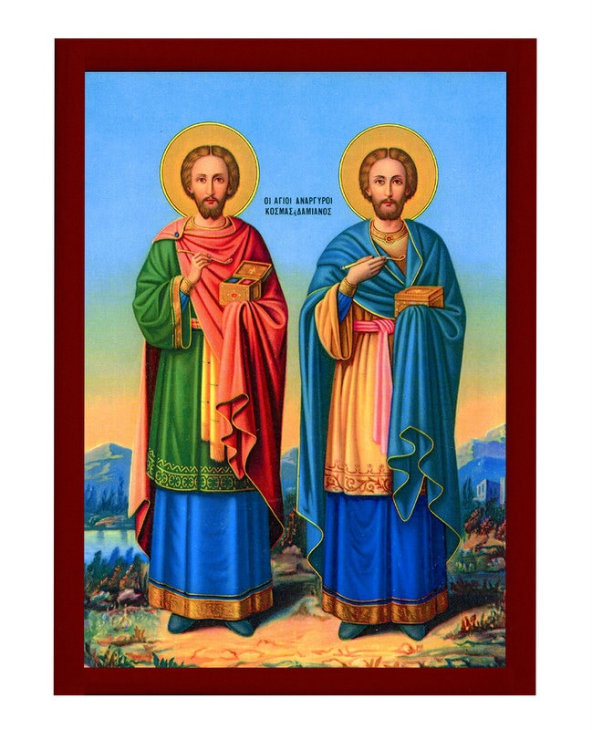 Saint Cosmas and Damian icon Handmade Greek Orthodox Icon Agioi Anargyroi Byzantine art wall hanging plaque Patron Saints of Medicine gift(1) TheHolyArt