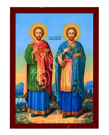 Saint Cosmas and Damian icon Handmade Greek Orthodox Icon Agioi Anargyroi Byzantine art wall hanging plaque Patron Saints of Medicine gift(1) - TheHolyArt
