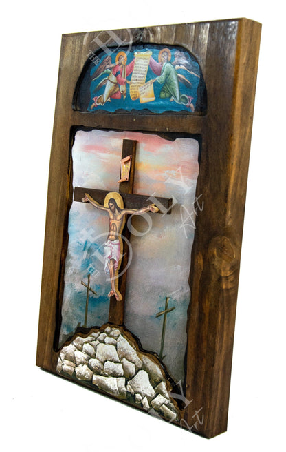 Crucifixion Jesus Christ icon, Blessing Cross Crucifix icon, Byzantine art wall hanging, Greek Handmade wooden icon w/ Cross religious gift - TheHolyArt