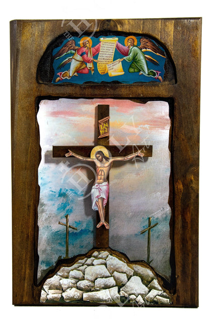 Crucifixion Jesus Christ icon, Blessing Cross Crucifix icon, Byzantine art wall hanging, Greek Handmade wooden icon w/ Cross religious gift - TheHolyArt