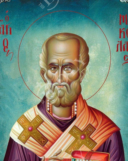 Saint Nicholas icon, Handmade Greek Orthodox icon of St Nick, Byzantine art wall hanging icon on wood plaque, religious gift decor - TheHolyArt