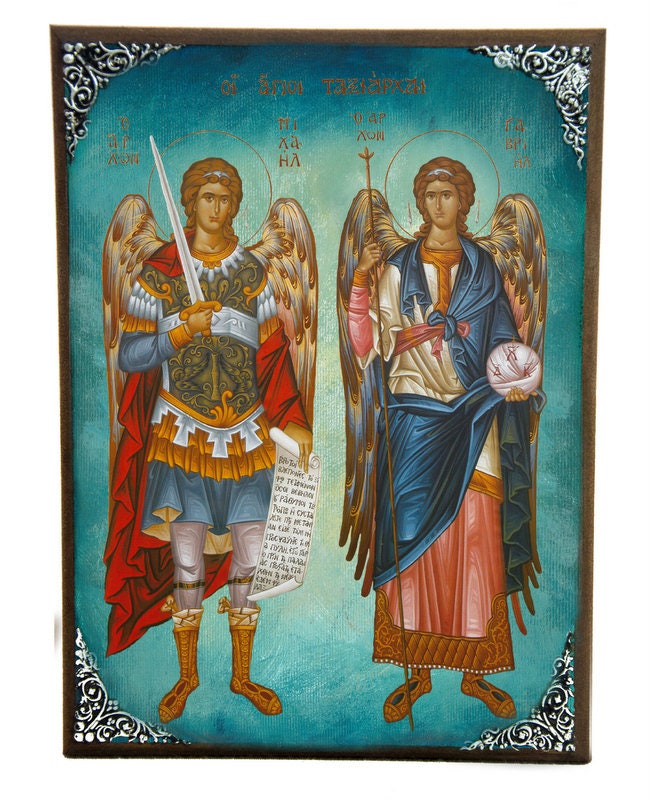 Archangel Michael & Archangel Gabriel icon, Taksiarxes Byzantine art wall hanging Greek Catholic Orthodox icon wood plaque religious gift TheHolyArt
