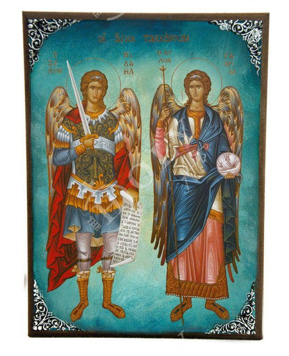 Archangel Michael & Archangel Gabriel icon, Taksiarxes Byzantine art wall hanging Greek Catholic Orthodox icon wood plaque religious gift - TheHolyArt