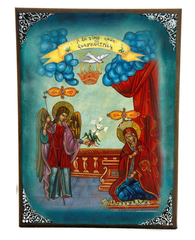 The Annunciation Virgin Mary icon, Greek Orthodox Icon Mother of God Byzantine art, Theotokos handmade wall hanging wood plaque gift TheHolyArt