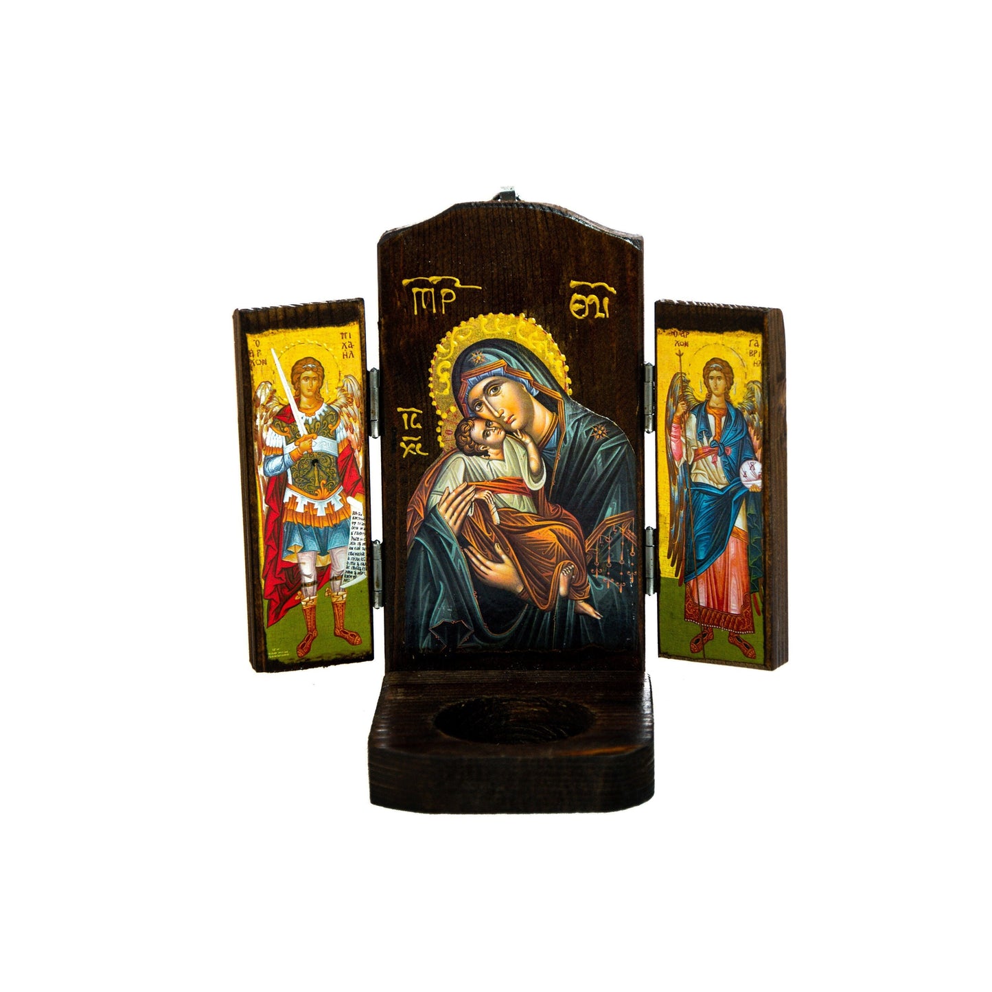 Iconostasis Triptych Virgin Mary icon Archangel Michael icon Archangel Gabriel icon Handmade Mount Athos Orthodox shrine Byzantine altar TheHolyArt