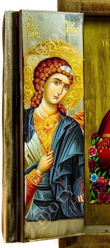 Christian Iconostasis with Virgin Mary St Catherine St Demetrius, Handmade Mount Athos Orthodox Icon,Byzantine art wall hanging wood plaque - TheHolyArt