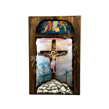 Crucifixion Jesus Christ icon, Blessing Cross Crucifix icon, Byzantine art wall hanging, Greek Handmade wooden icon w/ Cross religious gift - TheHolyArt