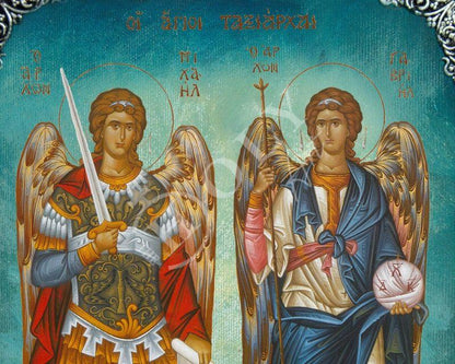 Archangel Michael & Archangel Gabriel icon, Taksiarxes Byzantine art wall hanging Greek Catholic Orthodox icon wood plaque religious gift - TheHolyArt