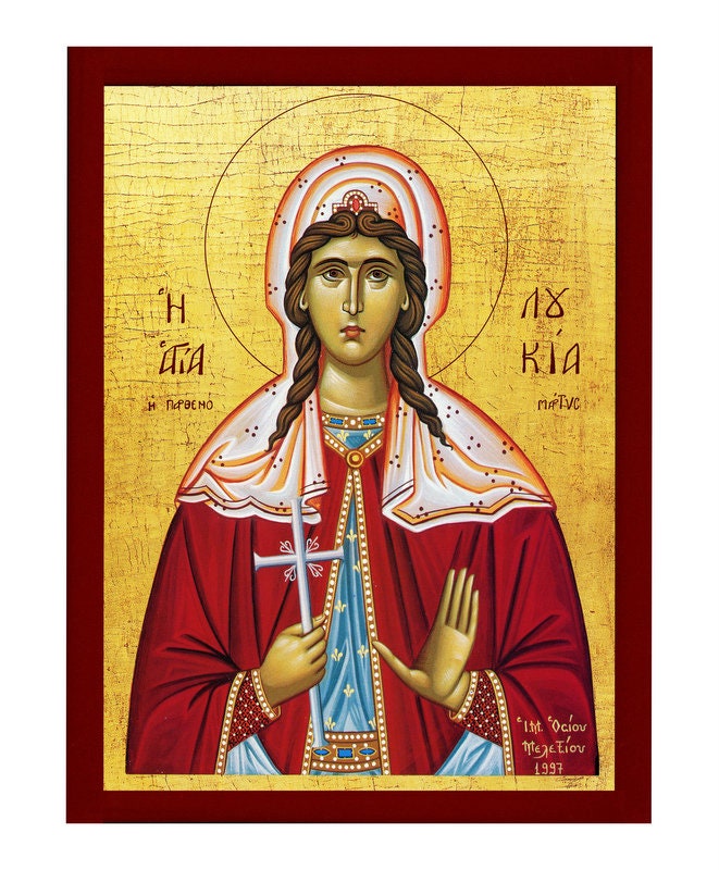 Saint Lucy icon, Handmade Greek Catholic Orthodox icon of St Lucy / Loukia of Syracuse, Byzantine art wall hanging wood plaque, religious gift TheHolyArt