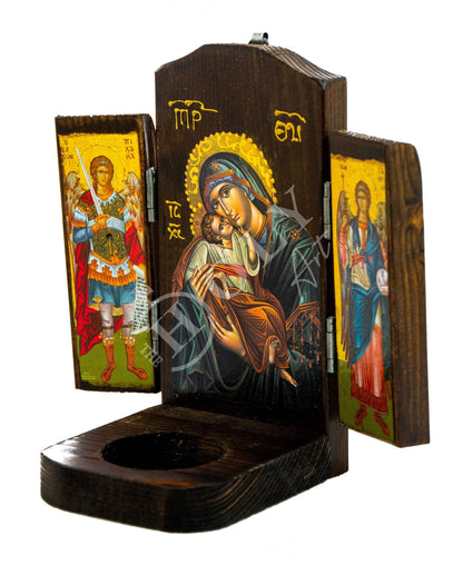 Iconostasis Triptych Virgin Mary icon Archangel Michael icon Archangel Gabriel icon Handmade Mount Athos Orthodox shrine Byzantine altar - TheHolyArt