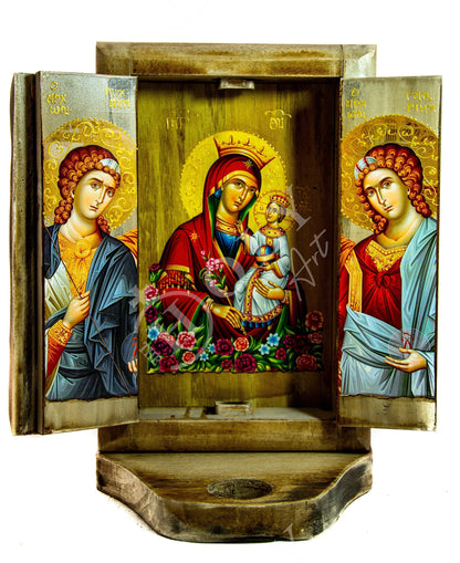 Christian Iconostasis with Virgin Mary St Catherine St Demetrius, Handmade Mount Athos Orthodox Icon,Byzantine art wall hanging wood plaque - TheHolyArt
