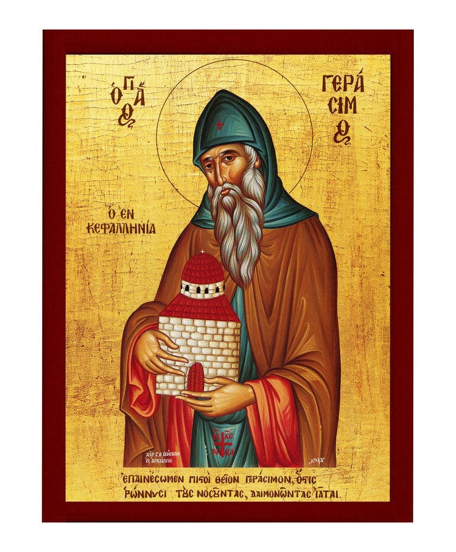 Saint Gerasimos icon, Handmade Greek Orthodox icon of St Gerasimus of Kefalonia, Byzantine art wall hanging on wood plaque, religious decor TheHolyArt