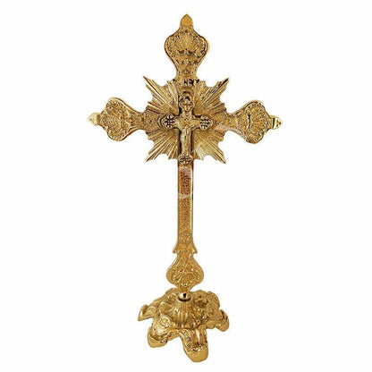 Standing Table Altar Crucifix, Jesus Christ Brass Blessing Cross, Handmade Greek Orthodox Byzantine Gold plated Holy Cross, religious gift - TheHolyArt