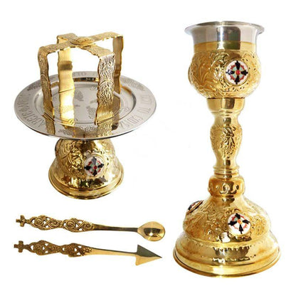 Handmade Church Altar Holy Communion Gold Plated Brass Holy Chalice Grail SET with Holy Disk Asterisk Holy Spear Holy Lavida religious gift - TheHolyArt