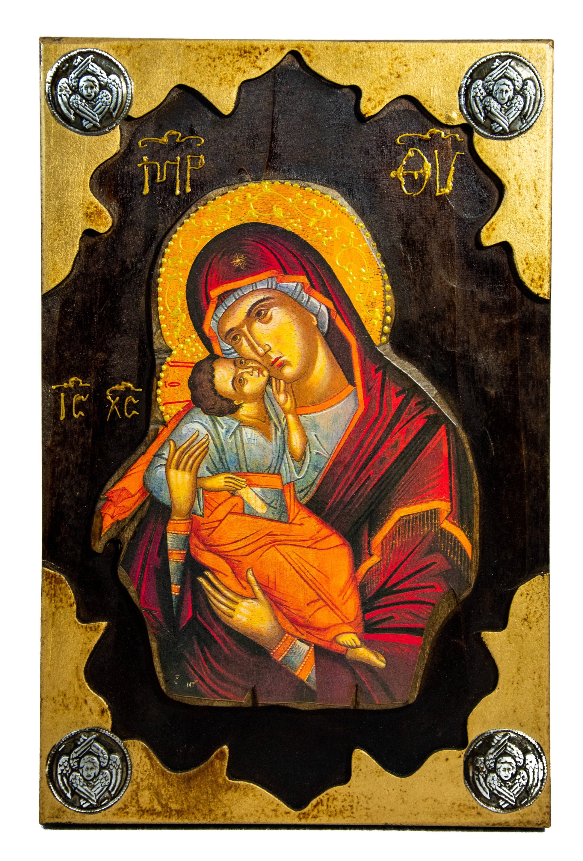 Virgin Mary icon Panagia Handmade Greek Christian Orthodox Icon gold paint Theotokos Mother of God Byzantine wall hanging wood plaque 38x25cm TheHolyArt