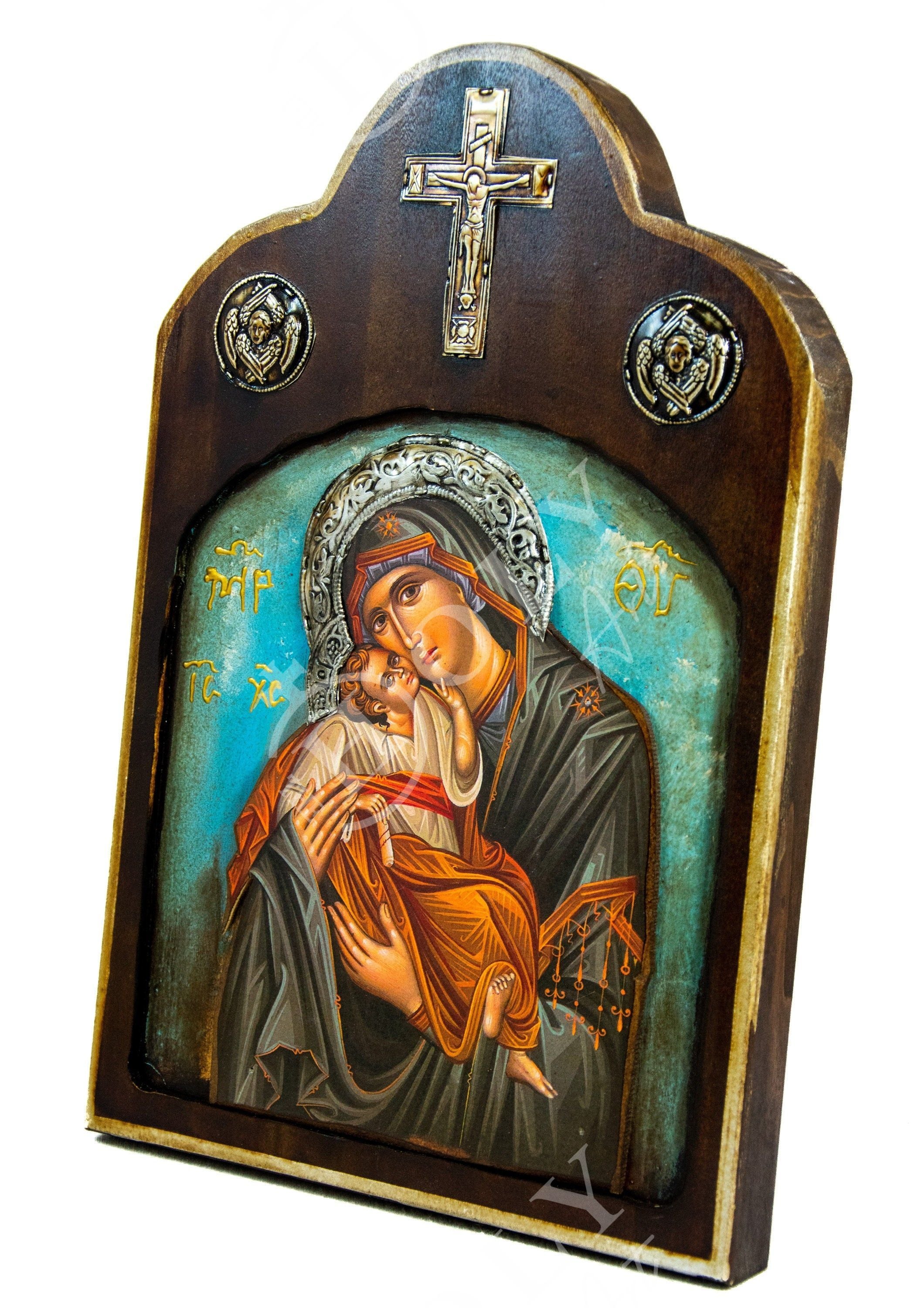 GREEK ORTHODOX ICON~ Art Oil painting~ Wood selling frame~ Religious~ Christian~ Virgin Mary~ Madonna~ Byzantine~ Wall Decor~ Home Living decor