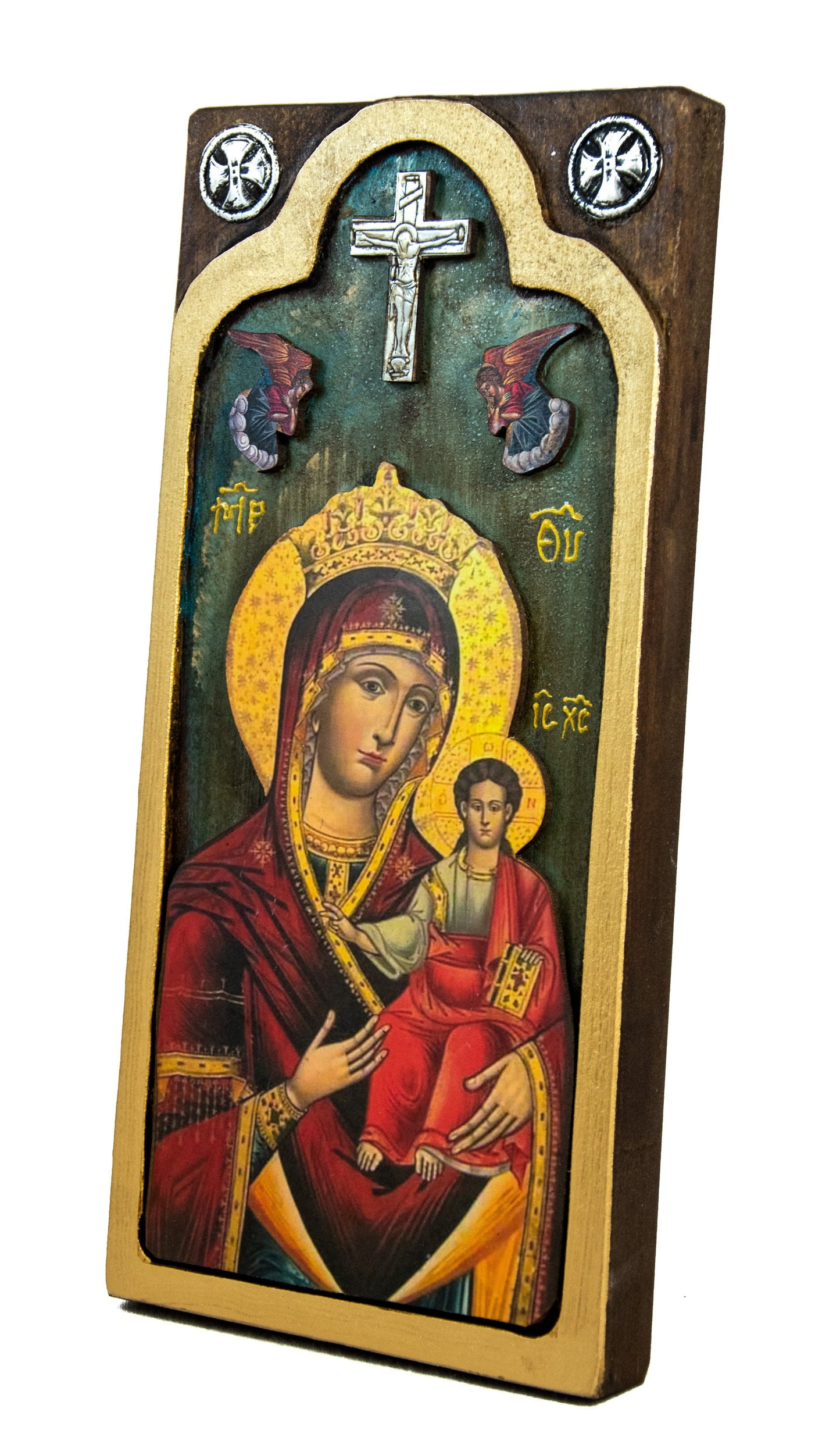 Virgin Mary icon Panagia Handmade Greek Christian Orthodox Icon Theotokos Mother of God Byzantine art wall hanging wood plaque gift 38x18cm TheHolyArt
