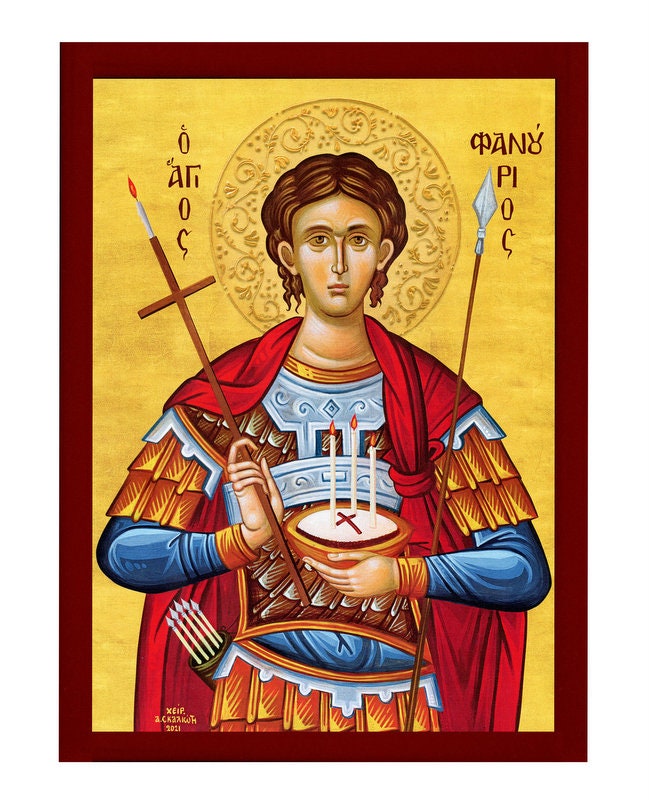 Saint Phanourios icon, Handmade Greek Orthodox icon St Fanourios, Byzantine art wall hanging wood plaque icon, religious gift TheHolyArt