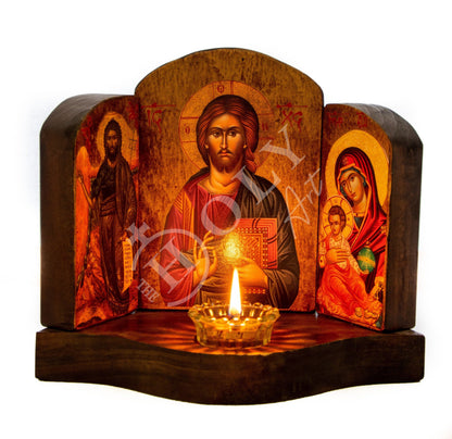Christian Iconostasis with Jesus Christ St John Forerunner Virgin Mary Handmade Mount Athos wooden Altar Orthodox Icon religious plaque gift - TheHolyArt