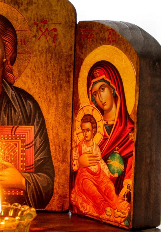 Christian Iconostasis with Jesus Christ St John Forerunner Virgin Mary Handmade Mount Athos wooden Altar Orthodox Icon religious plaque gift TheHolyArt
