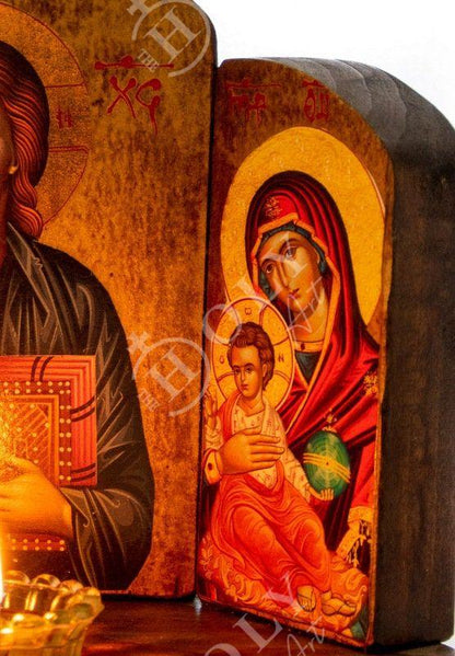 Christian Iconostasis with Jesus Christ St John Forerunner Virgin Mary Handmade Mount Athos wooden Altar Orthodox Icon religious plaque gift - TheHolyArt