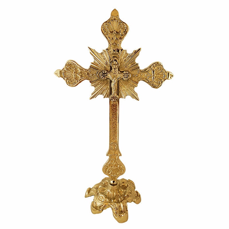 Standing Table Altar Crucifix, Jesus Christ Brass Blessing Cross, Handmade Greek Orthodox Byzantine Gold plated Holy Cross, religious gift TheHolyArt