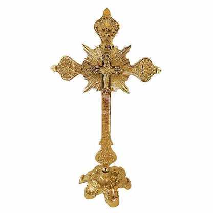 Standing Table Altar Crucifix, Jesus Christ Brass Blessing Cross, Handmade Greek Orthodox Byzantine Gold plated Holy Cross, religious gift - TheHolyArt