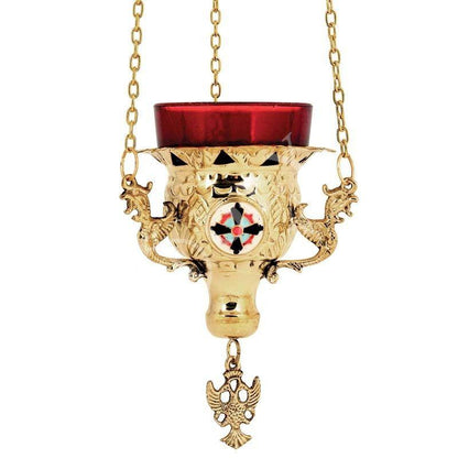 Christian Brass Hanging Oil Vigil Lamp with Cross, Gold plated Prayer Hanging Oil Lamp, Orthodox Oil Candle with glass cup, religious decor - TheHolyArt