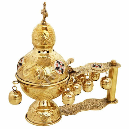 Christian Hand Gold plated Brass Resin Incense Burner Kantzia Greek Orthodox Thurible Incense holder Byzantine Censer Perfume burner gift - TheHolyArt