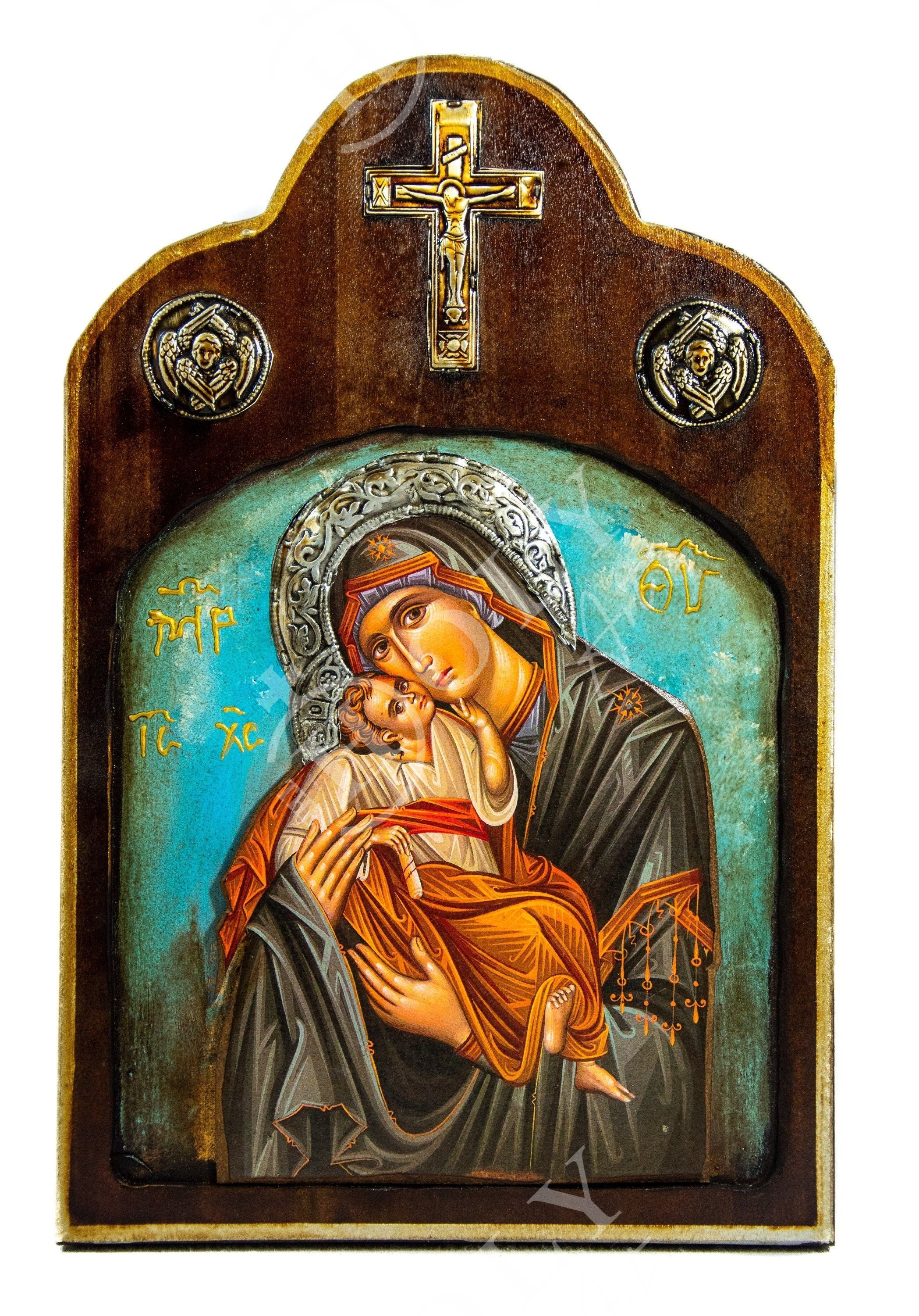 Virgin Mary icon Panagia, Handmade Greek Orthodox icon Theotokos, Mother of God deals Byzantine art wall hanging wood plaque canvas icon 40x13cm