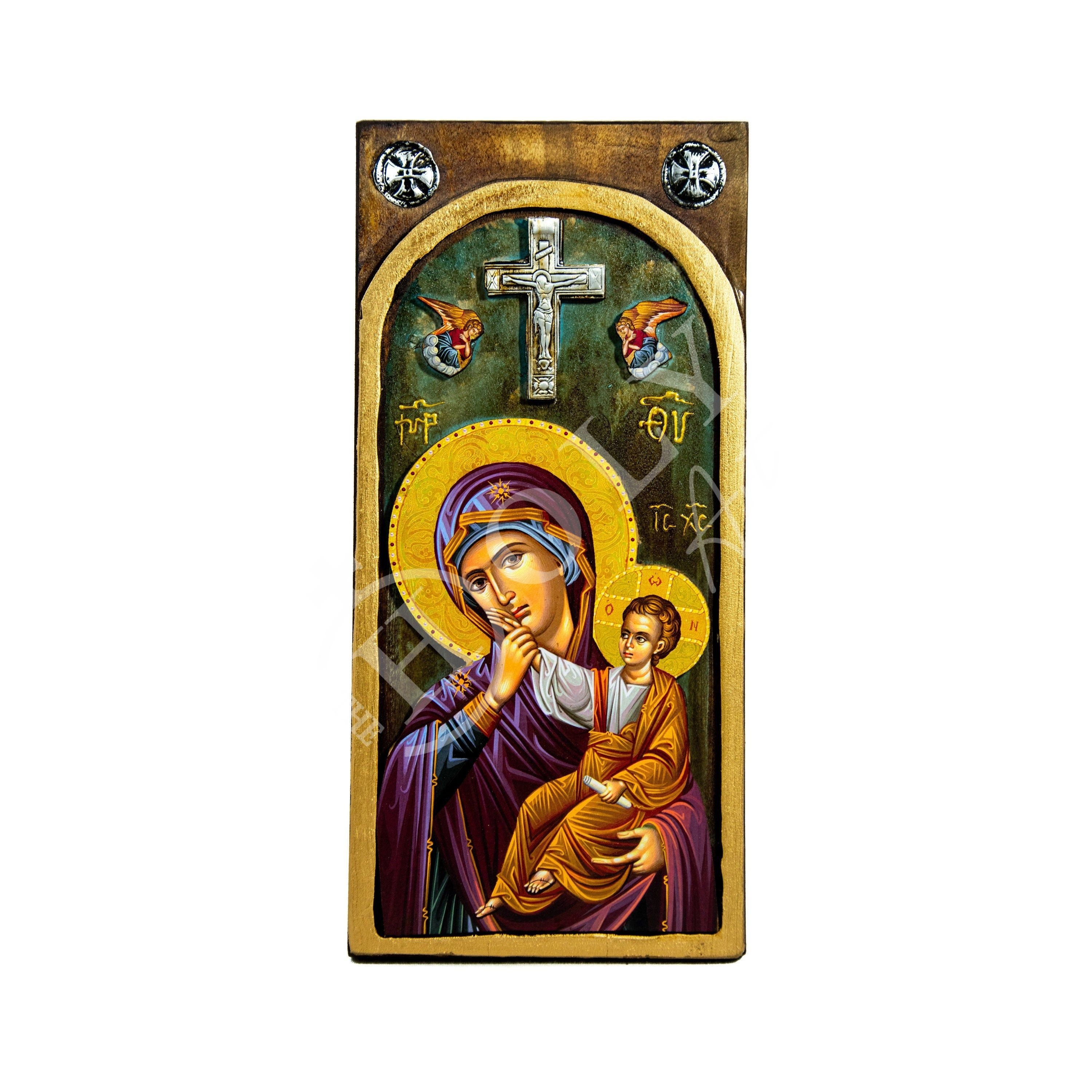 Virgin Mary icon Panagia, Handmade Greek Orthodox Icon of Mother of God, Theotokos cheapest Byzantine art wall hanging wood plaque on canvas 40x14cm