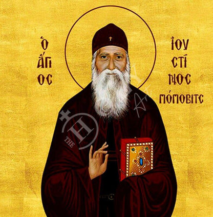 Saint Ioustinos Popovic icon, Handmade Greek Orthodox icon of St Justin, Byzantine art wall hanging icon on wood plaque, religious gift - TheHolyArt