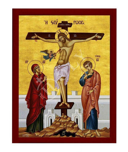 The Crucifixion icon, Jesus Christ Holy Cross Handmade Greek Orthodox icon, Byzantine art wall hanging wood plaque icon, religious gift - TheHolyArt