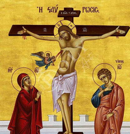 The Crucifixion icon, Jesus Christ Holy Cross Handmade Greek Orthodox icon, Byzantine art wall hanging wood plaque icon, religious gift - TheHolyArt
