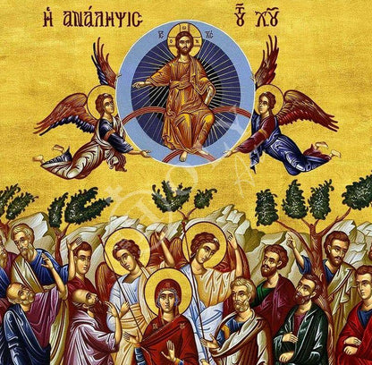 The Ascension of Jesus Christ icon, Handmade Greek Orthodox icon of Analipsi, Byzantine art wall hanging of our Lord rising to Heaven plaque - TheHolyArt