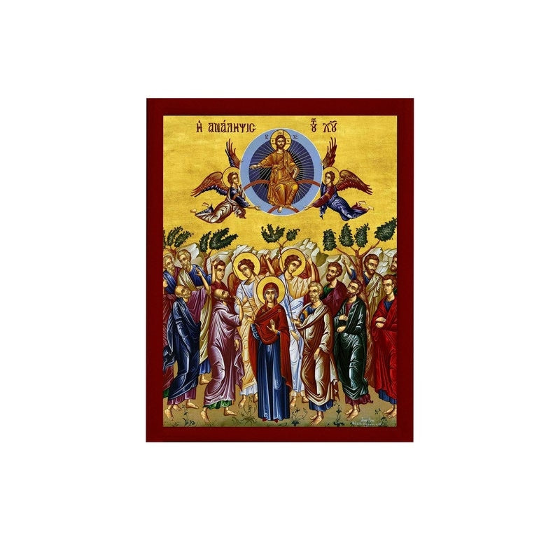 The Ascension of Jesus Christ icon, Handmade Greek Orthodox icon of Analipsi, Byzantine art wall hanging of our Lord rising to Heaven plaque TheHolyArt