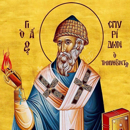 Saint Spyridon icon, Handmade Greek Orthodox icon of St Spyridon Trimythous, Byzantine art wall hanging icon on wood plaque, religious gift - TheHolyArt